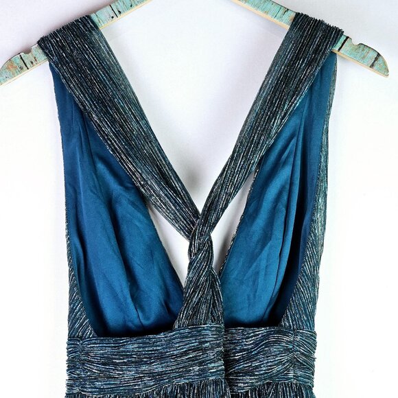 Lulus Ailey Halter Mini Twisted Back Metallic Threaded Gold Teal Skater Dress, S - Picture 7 of 10